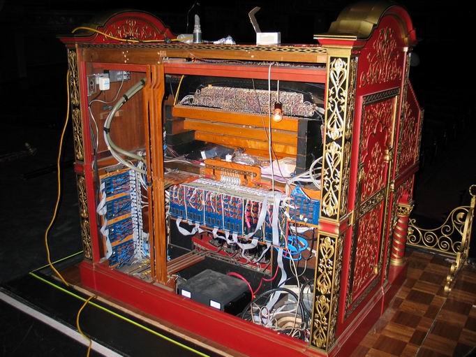 Computer boards and power supply inside the organ console.